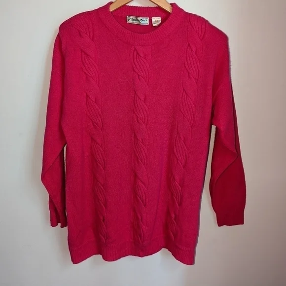 VINTAGE Pink Cable Knit Lambswool & Angora Crewneck Long Sweater Size Large - Picture 2 of 14